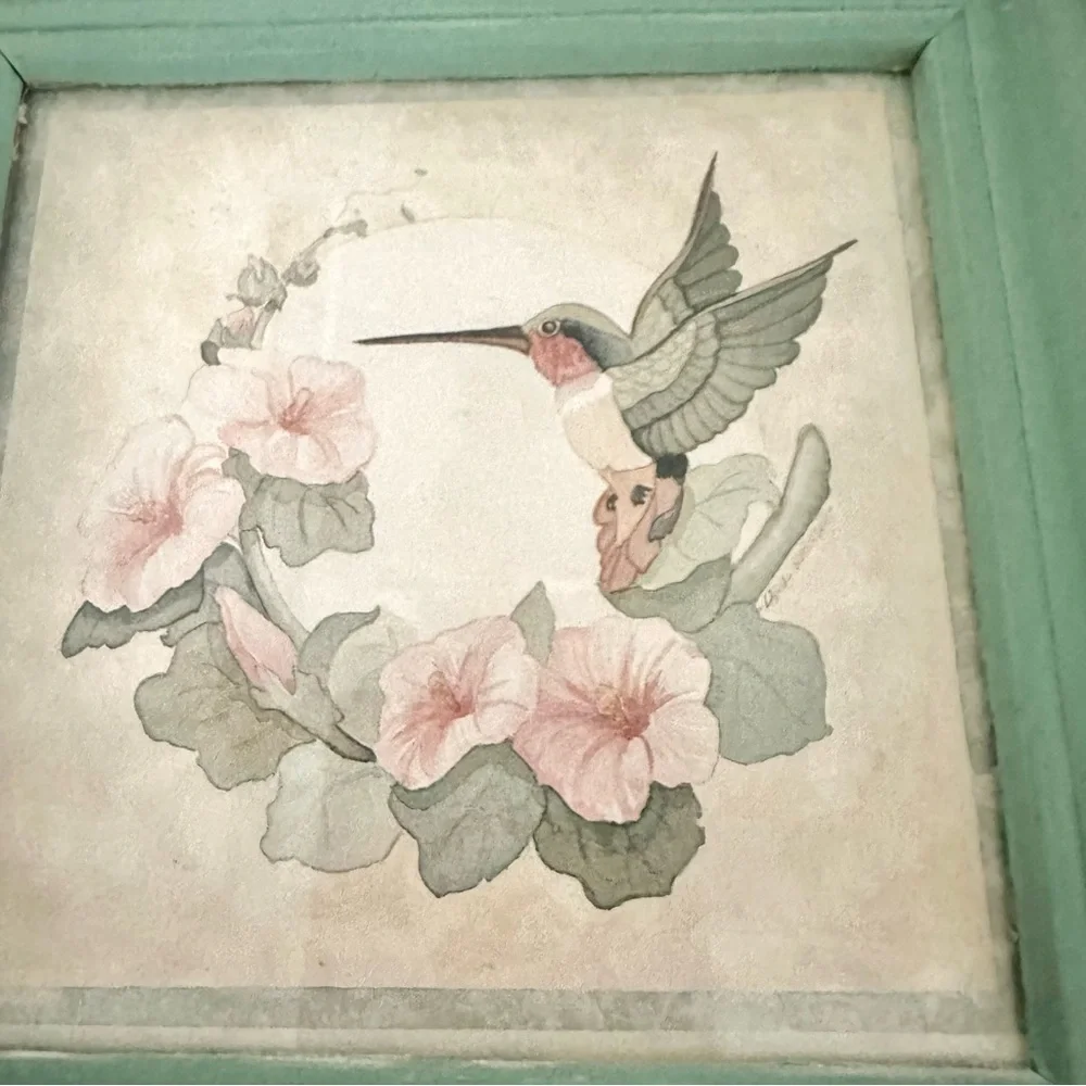 Pair Hummingbird Floral Watercolor Style Vintage Prints Seafoam Framed Wall Art